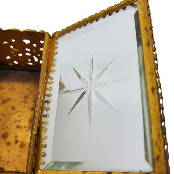 Antique Ormolu Jewelry Casket Box Beveled Glass Victorian Gilt Trinket Filigree - Picture 12 of 16